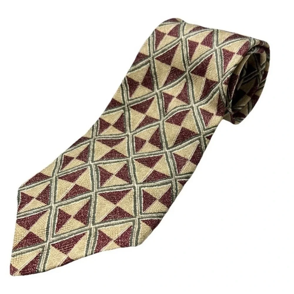 Vintage Tommy Hilfiger Silk Tie Geometric Foulard Burgundy Tan Wide Mens Italy